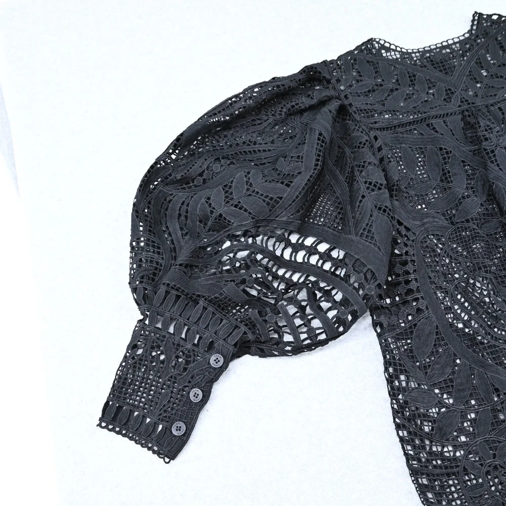Farm Rio Black Guipure Lace Puff Sleeve Blouse Shirt Whimsigoth Cottagecore EUC
